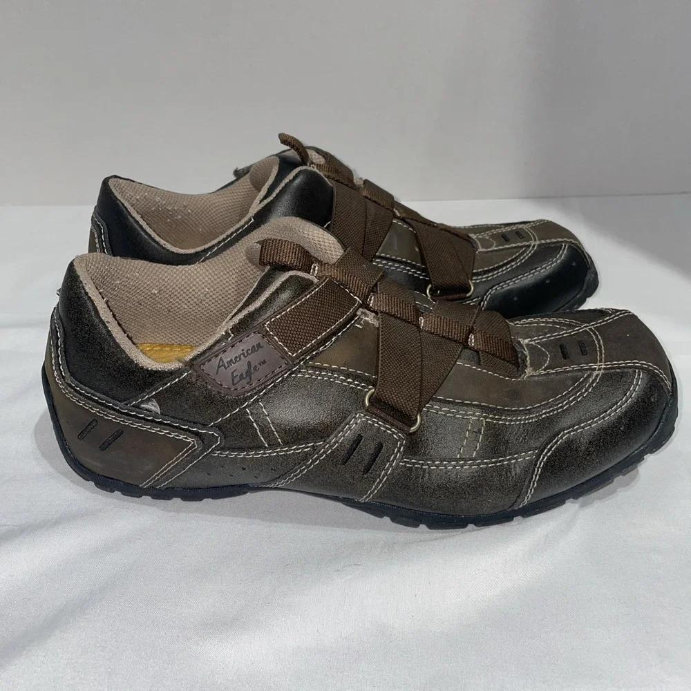 American Eagle Mens Brown Faux Leather Loafers Hook Loop Strap Shoes Size 10
